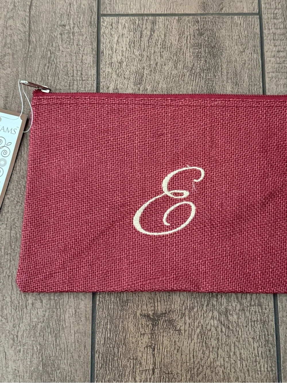 Kate Williams Monogram Canvas Pouch in Burgundy with E Initial